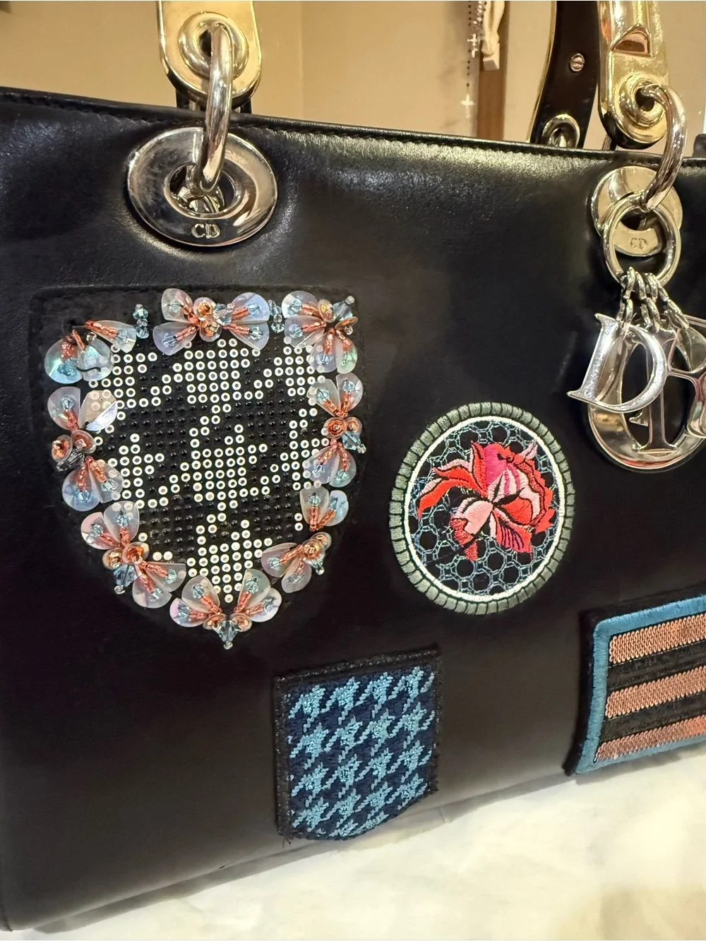 Authentic Christian Dior Limited Edition Patches Black Leather Lady Dior